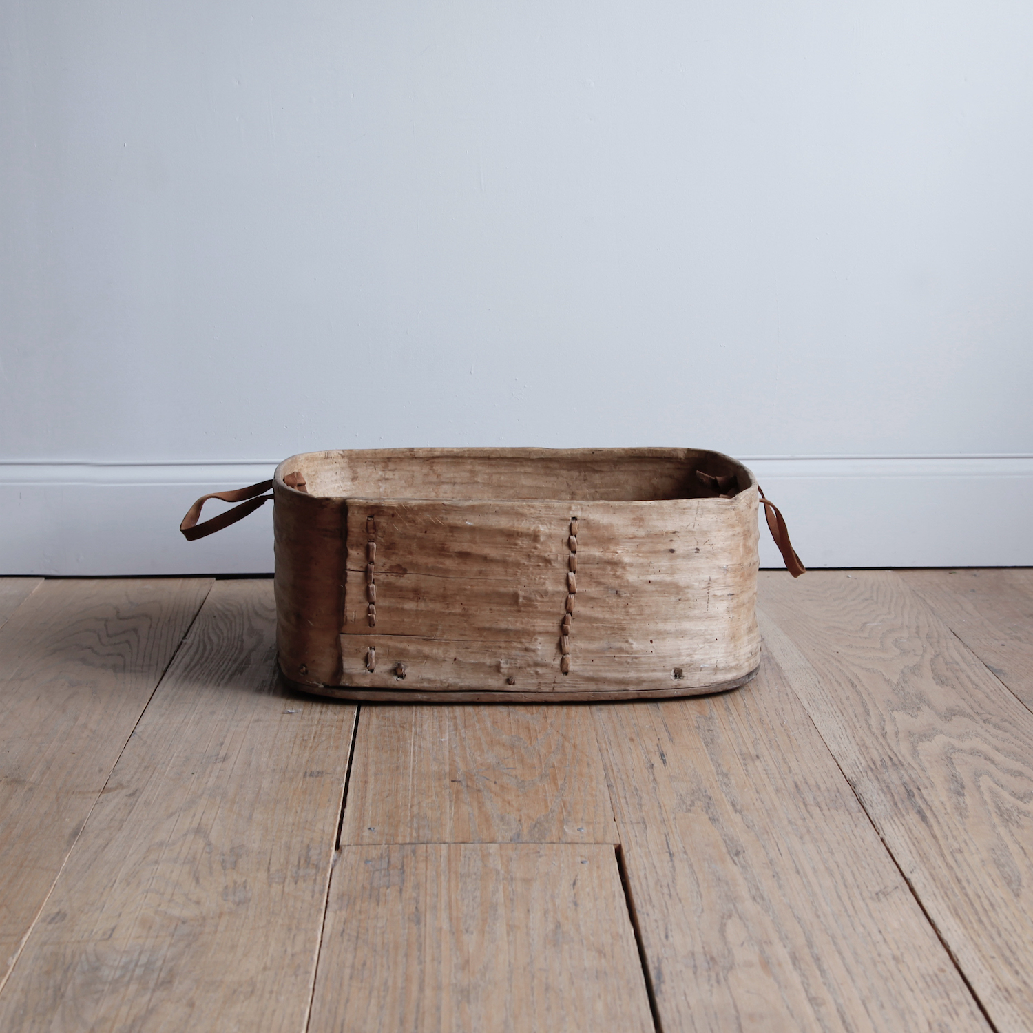 Hand-hewn Wooden Basket with Leather Handles