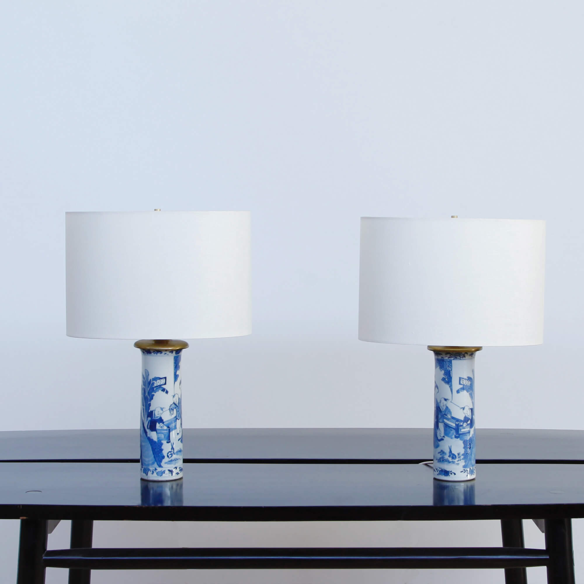 Pair of Chinese Blue and White Sleeve Vases Mounted as Lamps