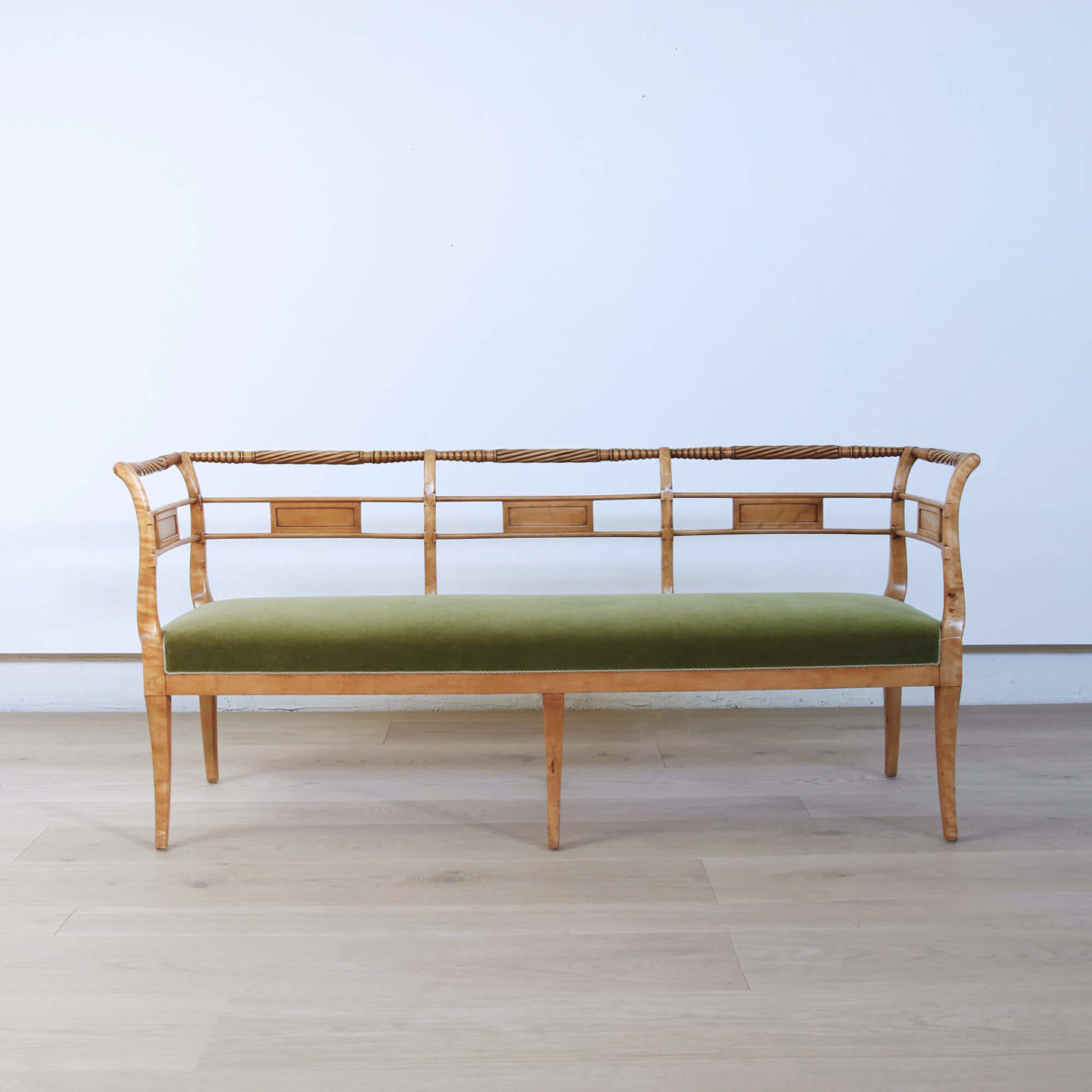 19th Century Northern European Carved Flame Birch Bench - Lawton Mull