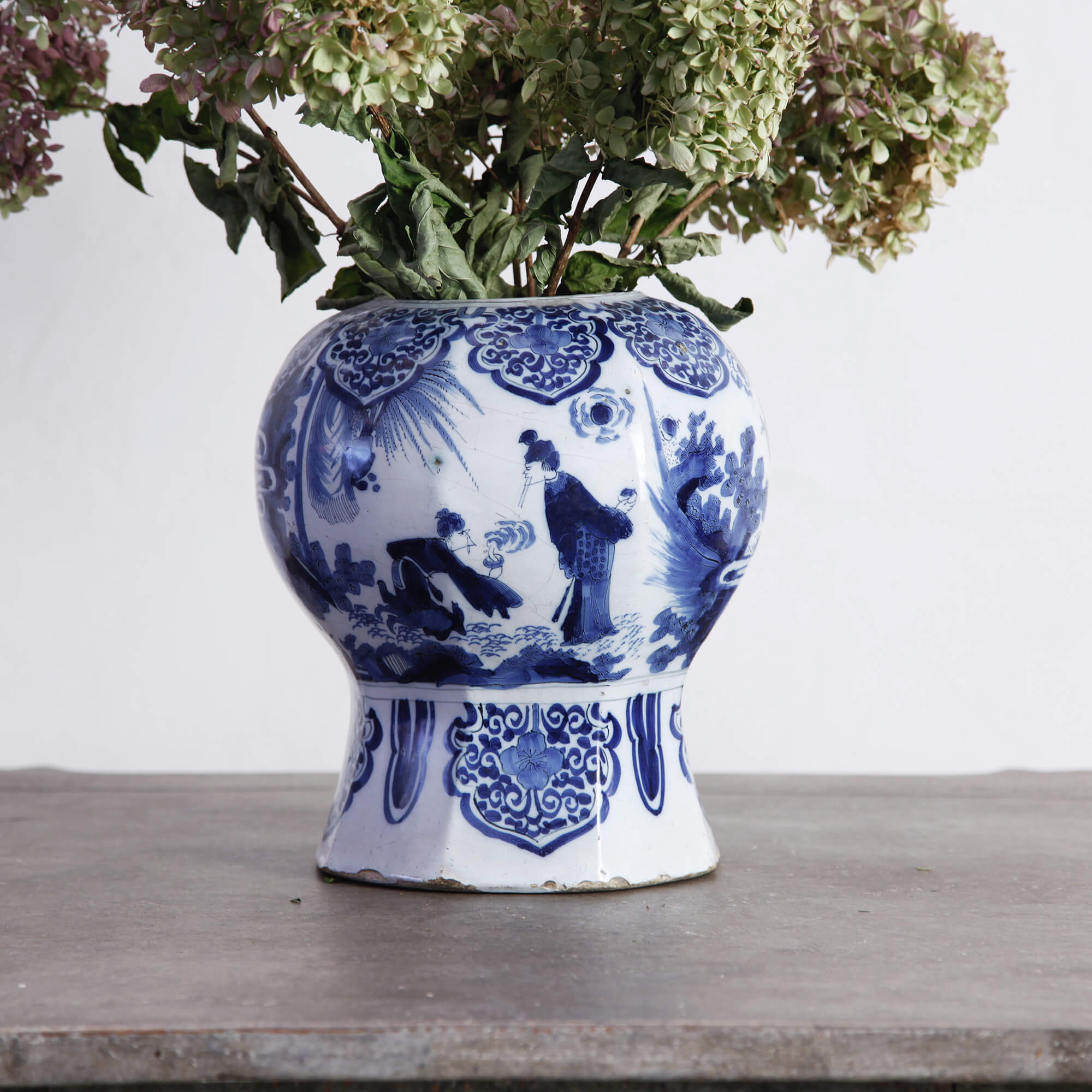 18th century Delft Blue and White Chinoiserie Baluster Vase