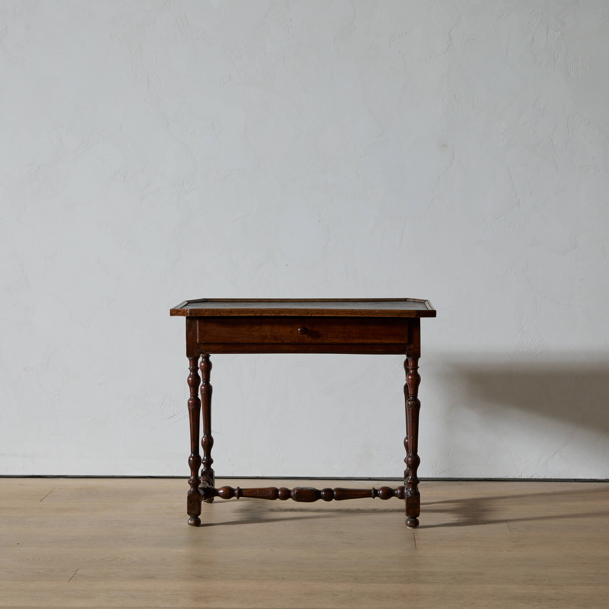 Louis XIII Turned Wood Cabaret Table with Embossed and Painted Leather Inset Top