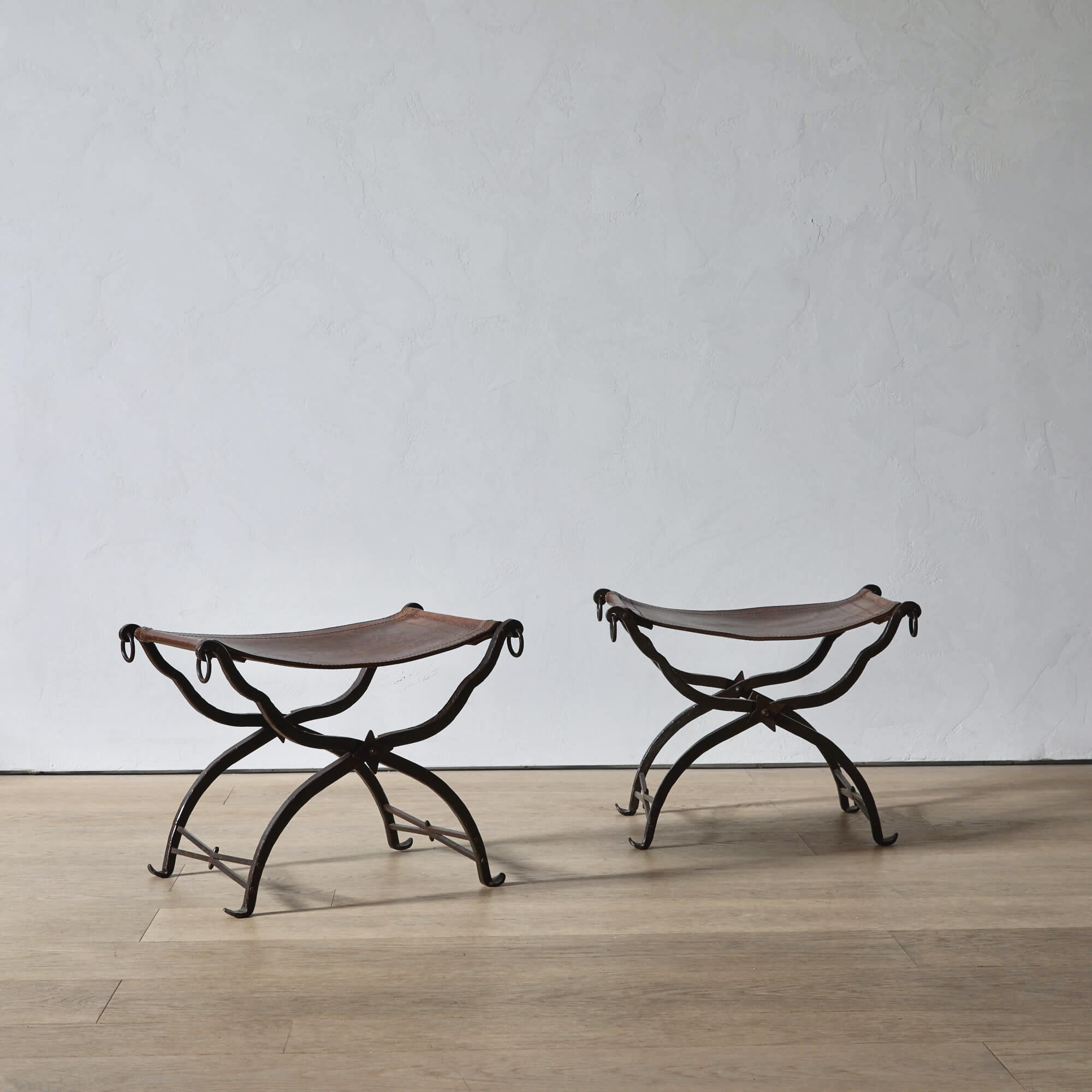 Pair of Wrought Iron and Leather Curule Stools by Morgan Colt