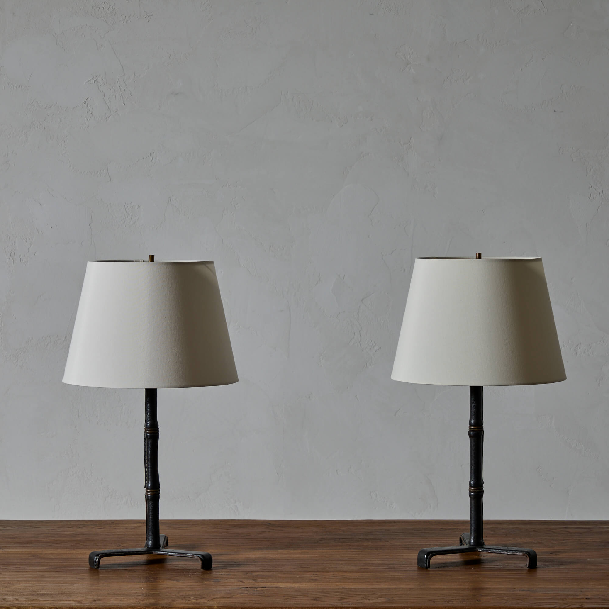 Pair of Leather and Brass Table Lamps by Jacques Adnet
