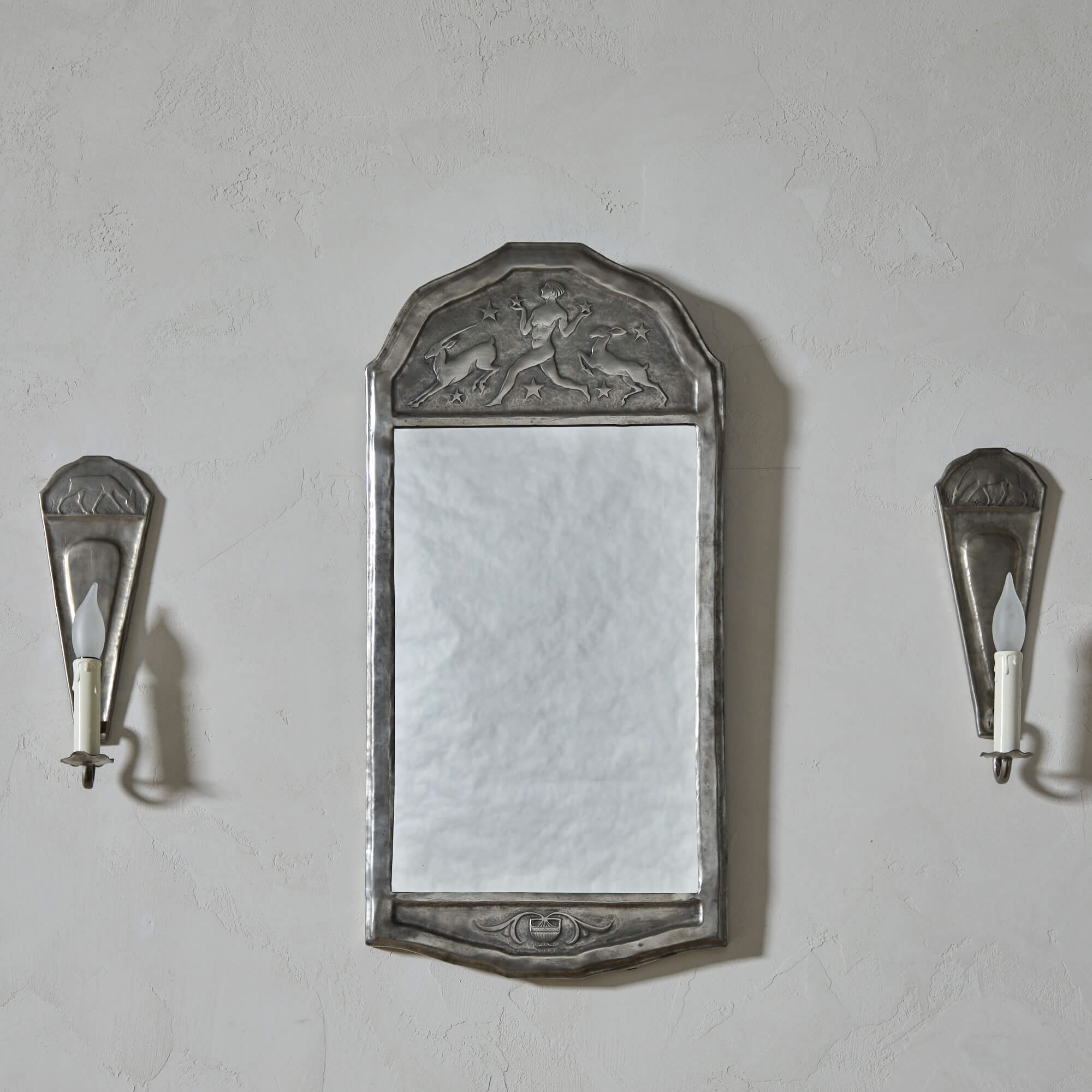 Repoussé Swedish Grace Pewter Mirror and Sconces