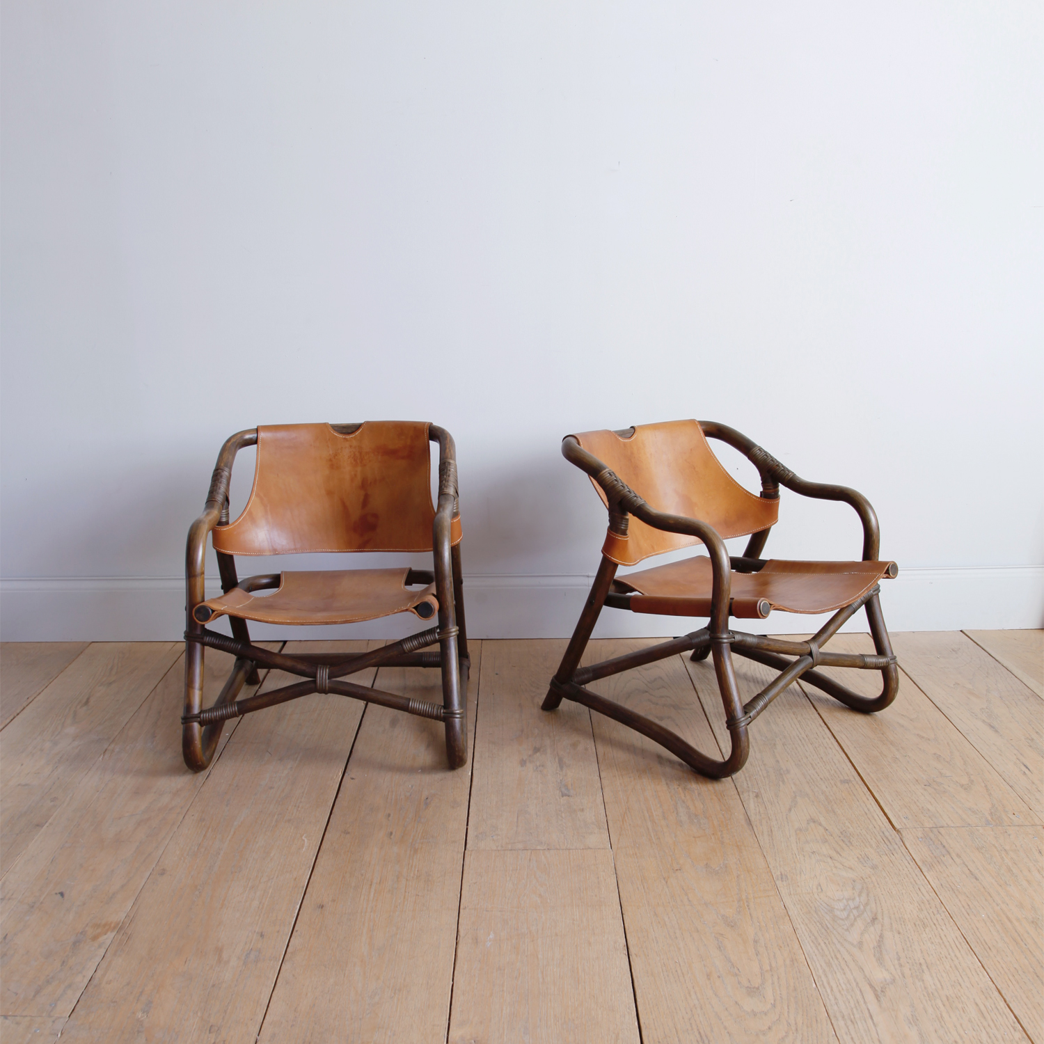Pair of Bent Bamboo and Leather Lounge Chairs