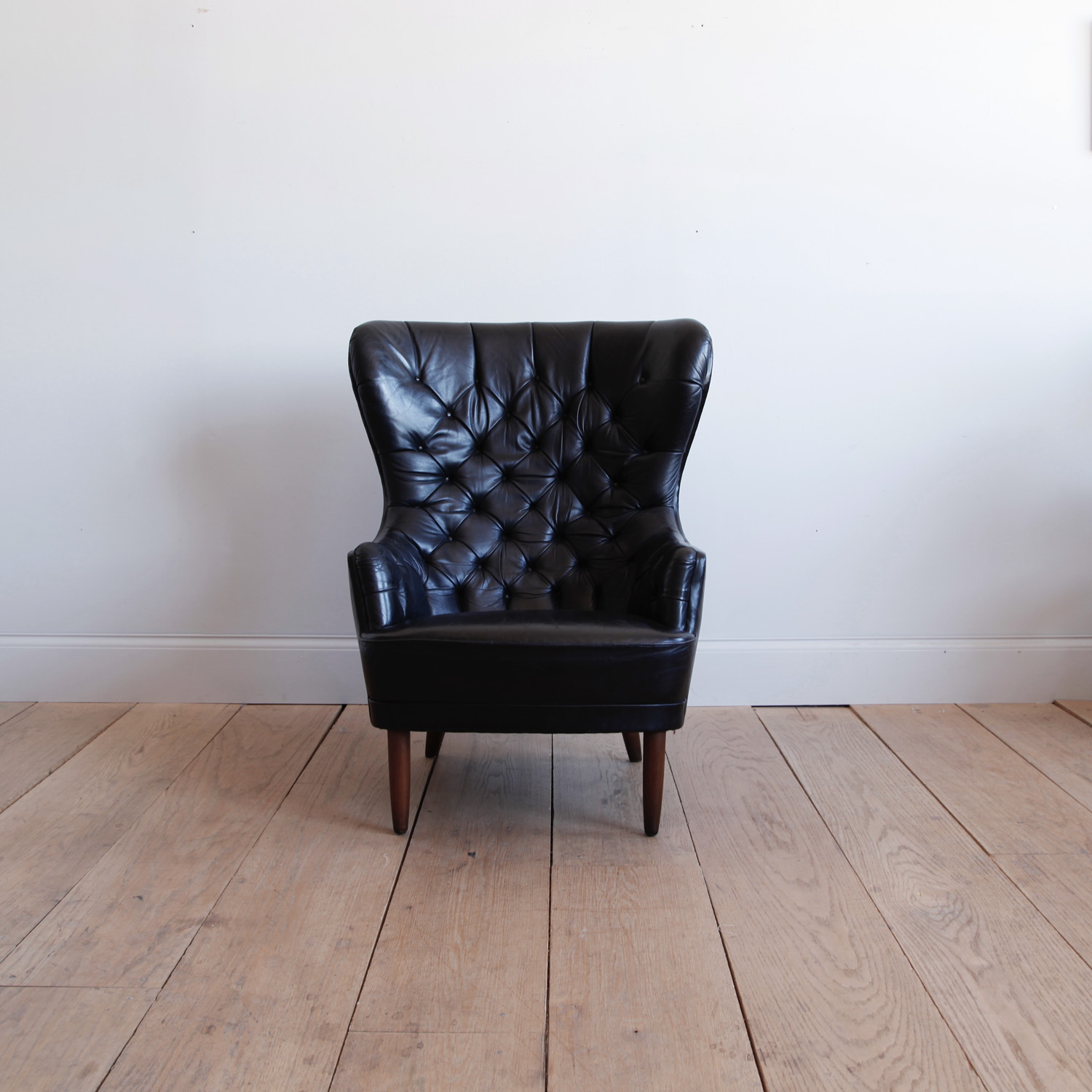 Danish Black Leather Wingback Chair