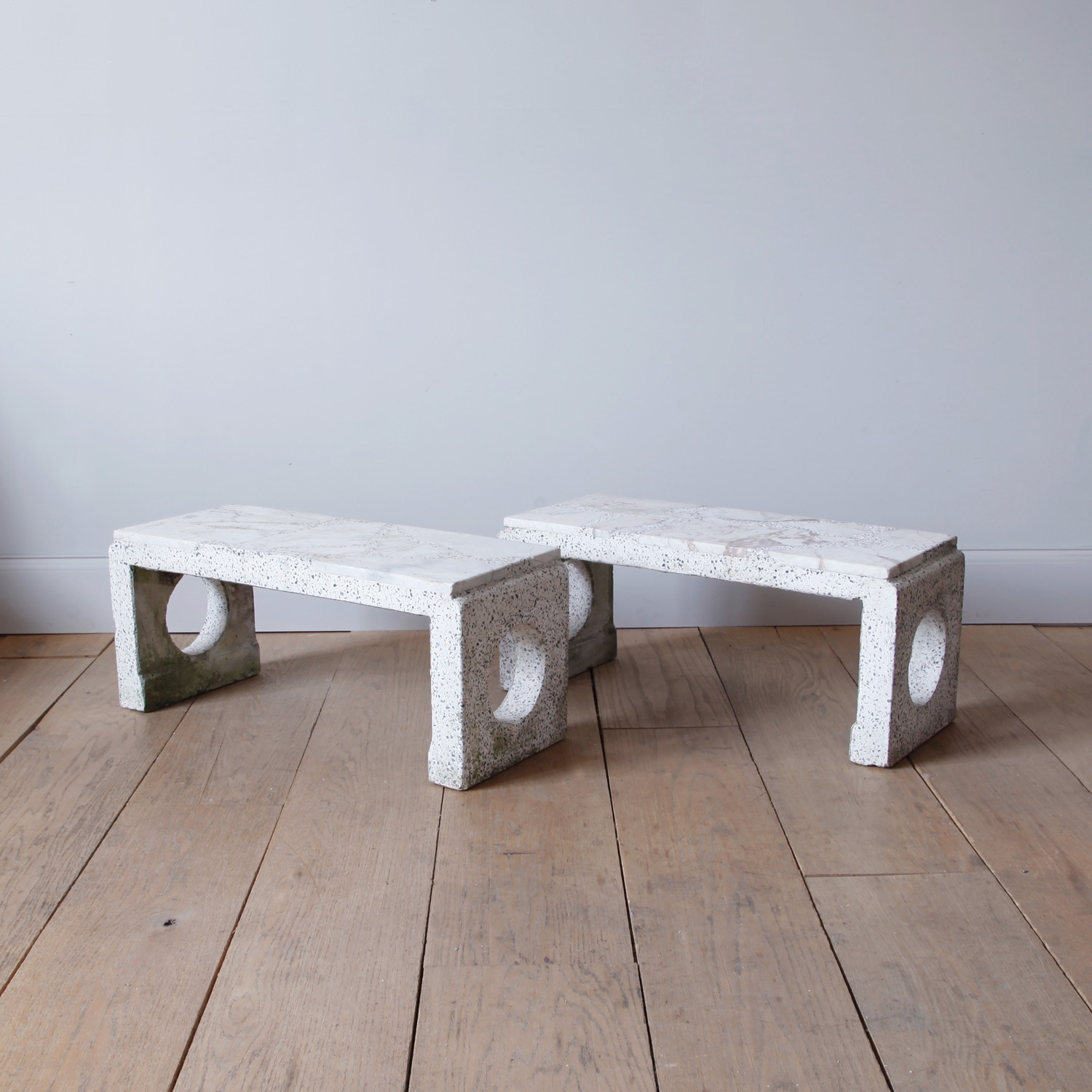 Pair of Minimalist Italian Marble and Terrazzo Benches