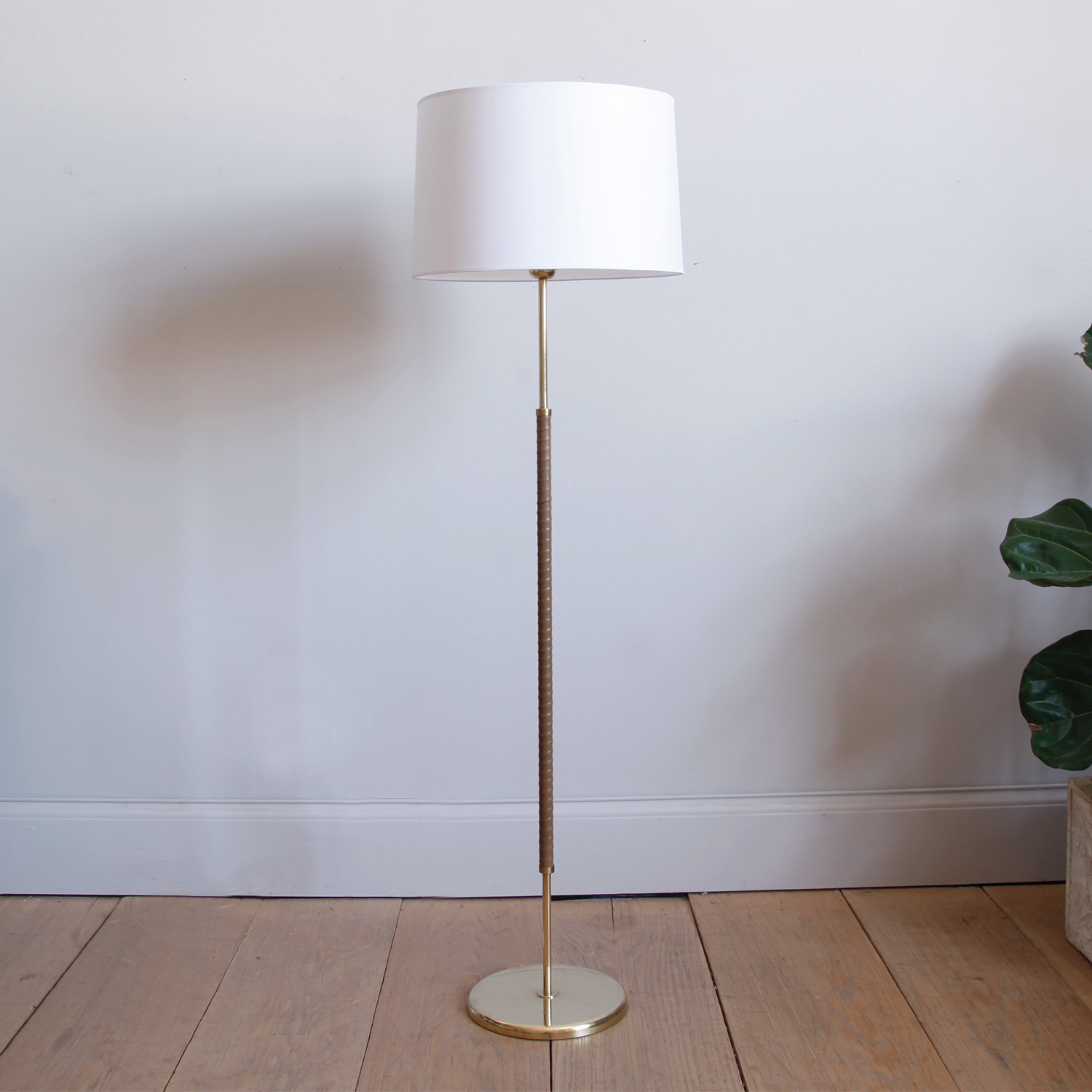 Swedish Leather-Wrapped Brass Floor Lamp